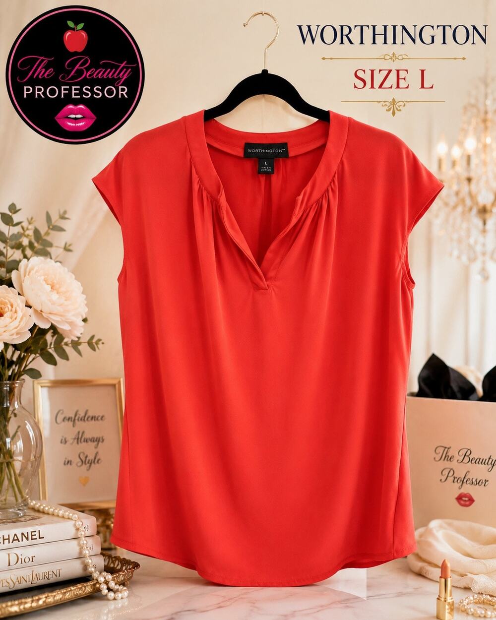 💞 Worthington Large Coral Red V Neck Cap Sleeve Blouse Career Top